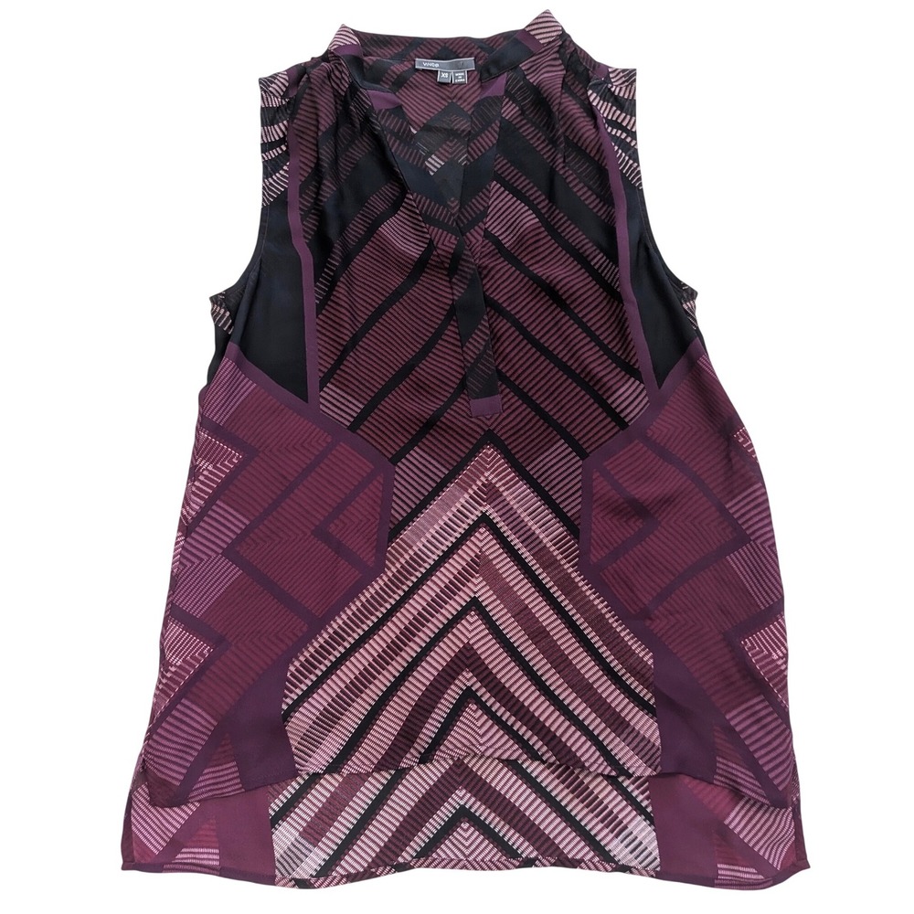 $299‎ VINCE XS Sleeveless Geometric 100% Silk Blouse Plumb Black Luxury Office